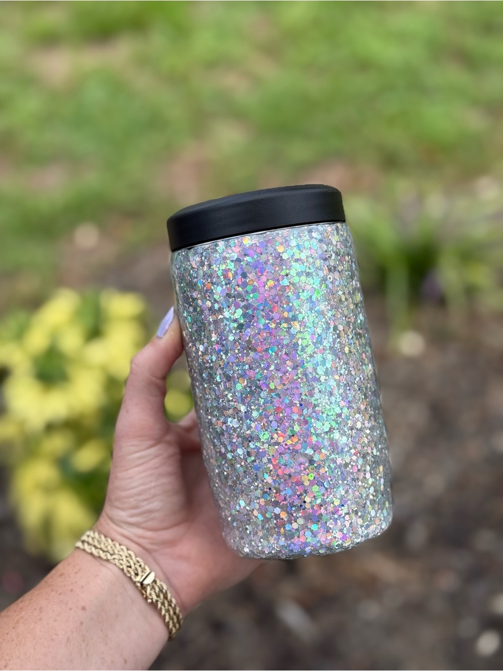 Glitter Silver Holographic Glitter Can Cooler Cup with Black Lid